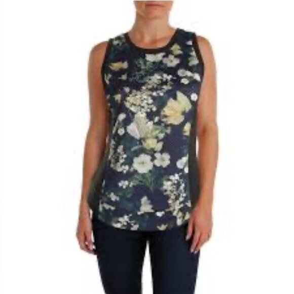 RACHEL Rachel Roy Black Floral Sleeveless Mixed Media Short Sleeve Top - Picture 1 of 10